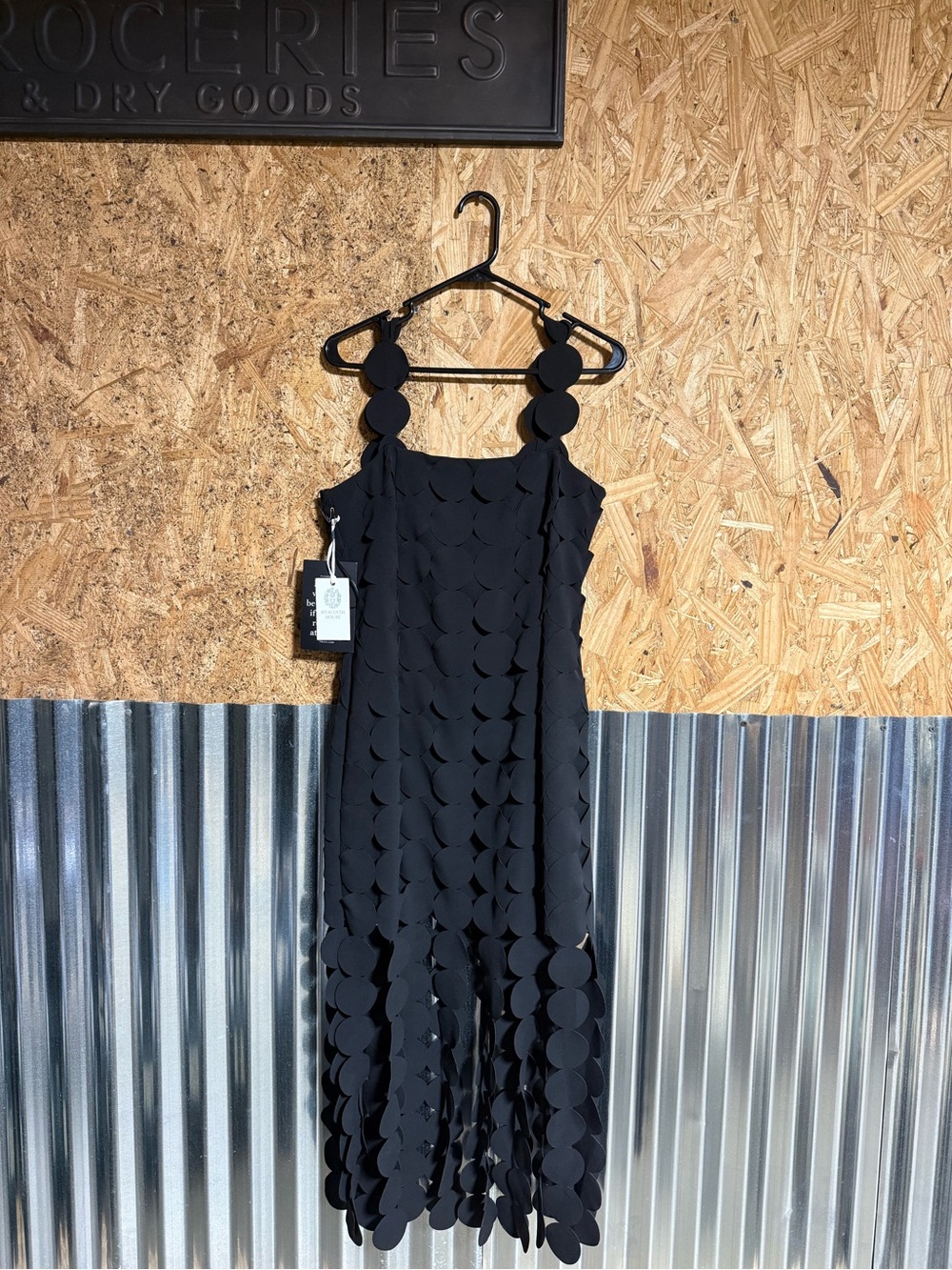 Sleeveless Black Midi Dress with Circular Appliqué Straps